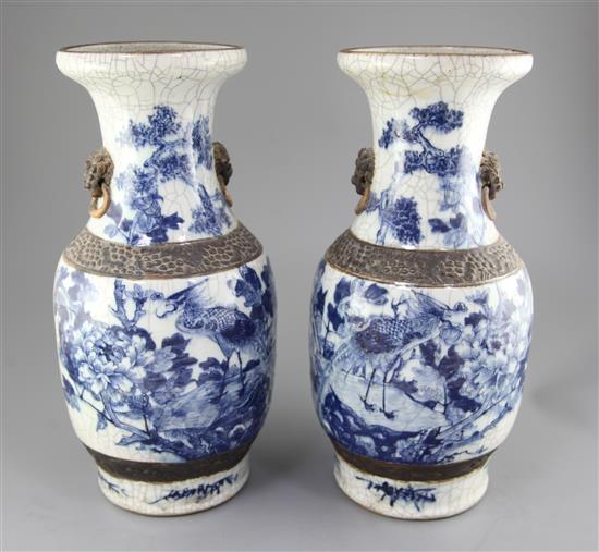 A pair of large Chinese blue and white crackle-glaze vases, c.1900, height 44.5cm, one with section of rim broken and re-stuck